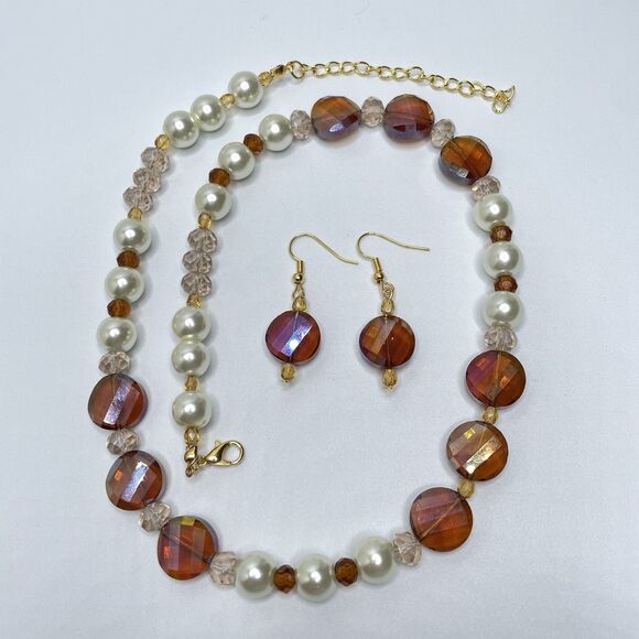 Artisan Amber Color Glass White Faux Pearl Beaded Necklace Earrings Set Stunning - Picture 2 of 8